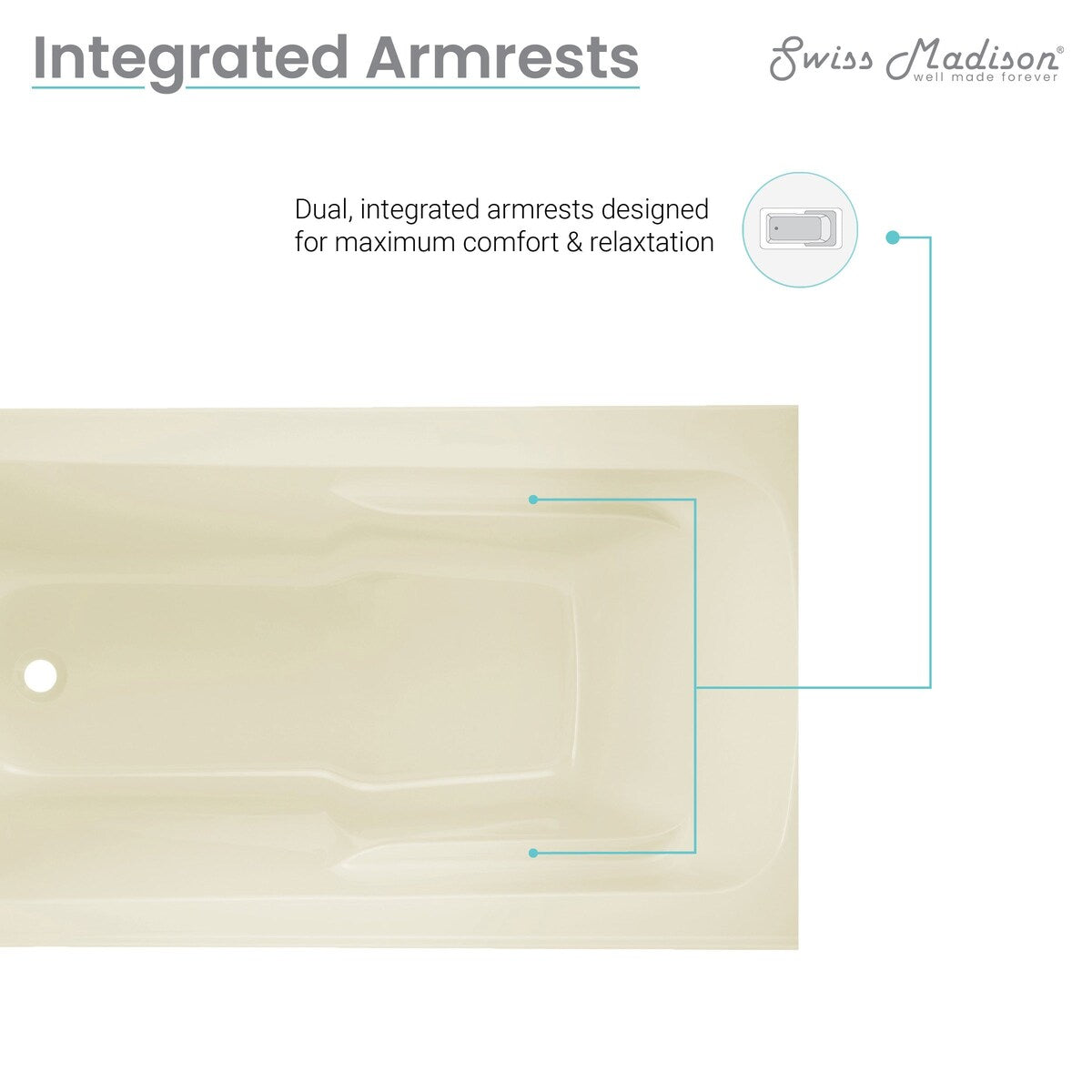 Swiss Madison Voltaire, Acrylic White, Alcove, Integral Armrest, Bathtub with Apron