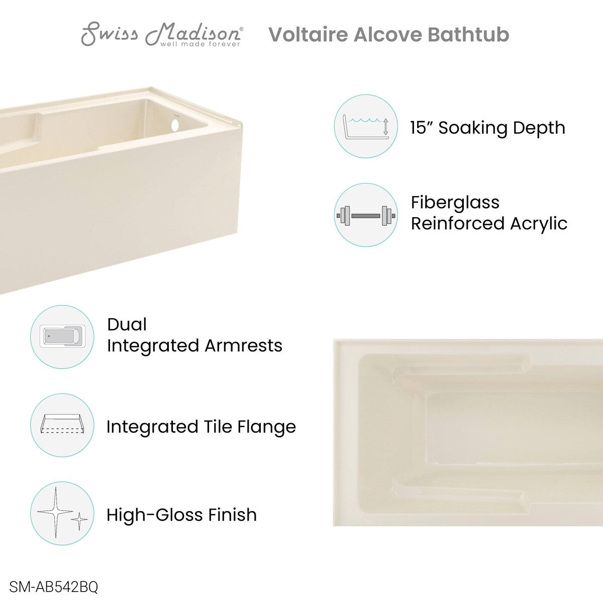 Swiss Madison Voltaire, Acrylic White, Alcove, Integral Armrest, Bathtub with Apron