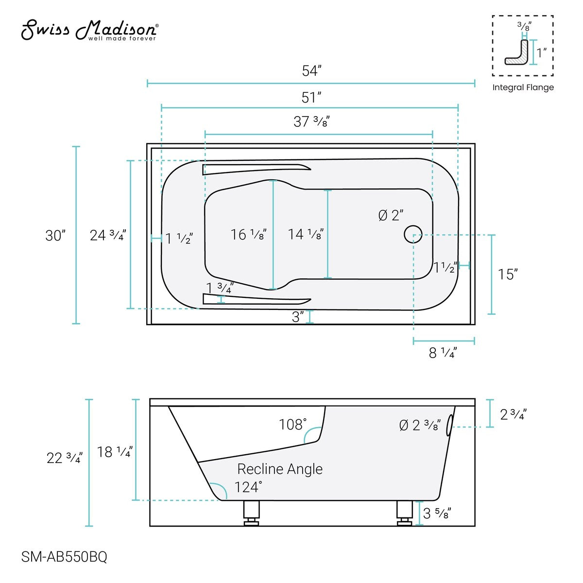 Swiss Madison Voltaire, Acrylic White, Alcove, Integral Armrest, Bathtub with Apron