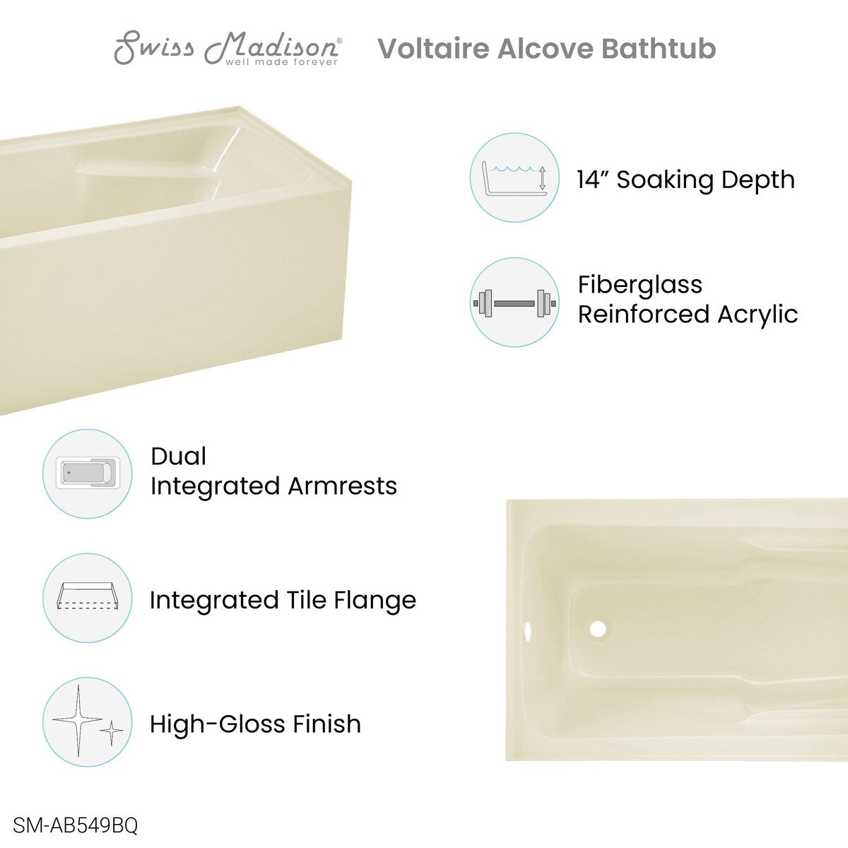 Swiss Madison Voltaire, Acrylic White, Alcove, Integral Armrest, Bathtub with Apron