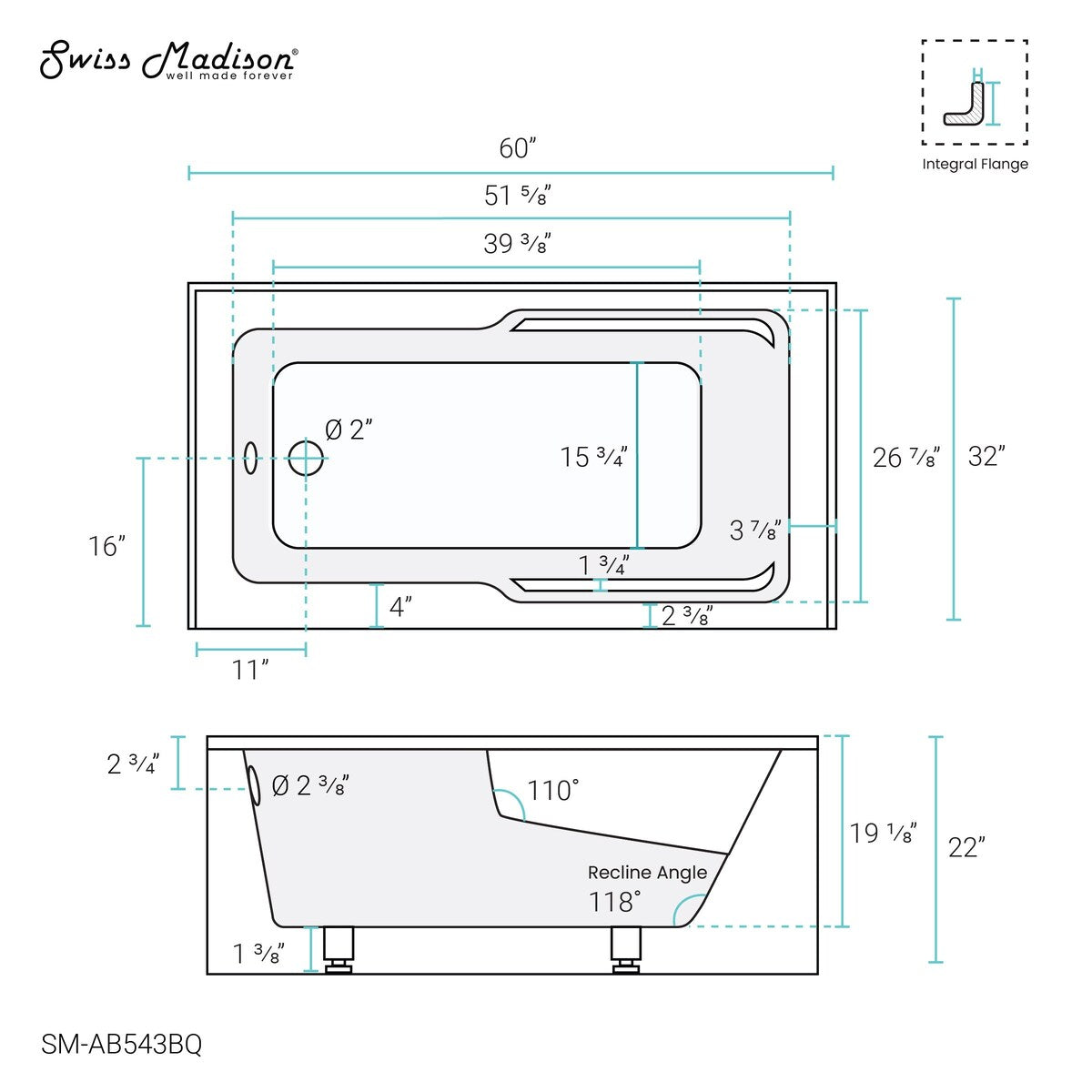 Swiss Madison Voltaire, Acrylic White, Alcove, Integral Armrest, Bathtub with Apron