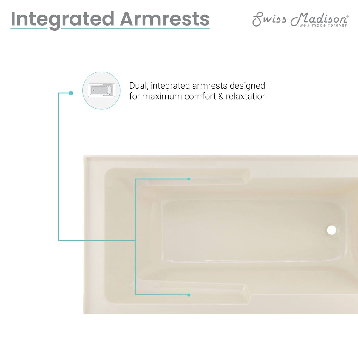 Swiss Madison Voltaire, Acrylic White, Alcove, Integral Armrest, Bathtub with Apron