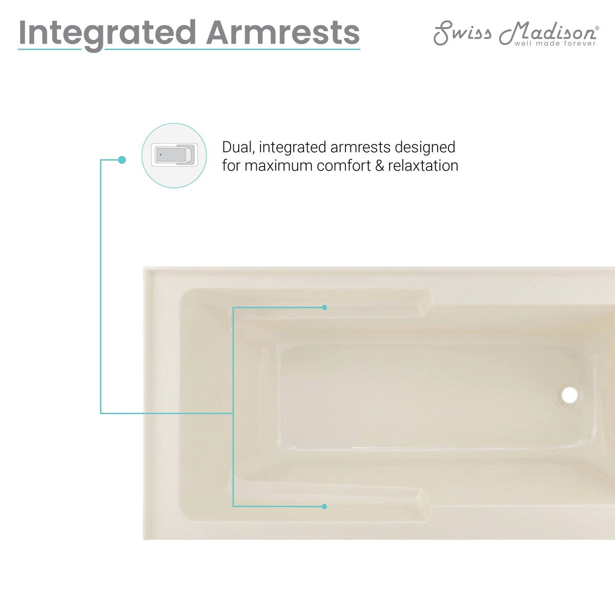 Swiss Madison Voltaire, Acrylic White, Alcove, Integral Armrest, Bathtub with Apron