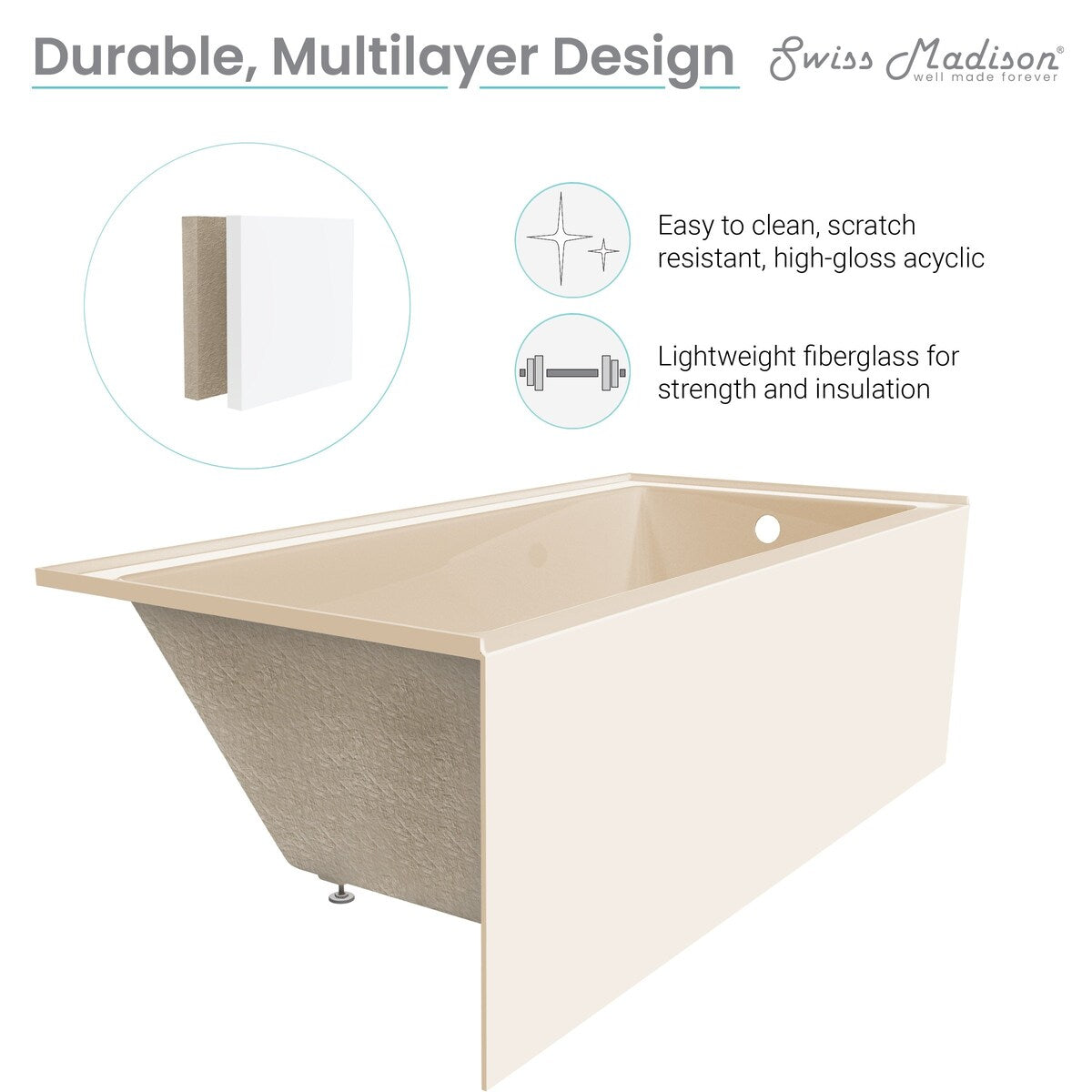 Swiss Madison Voltaire, Acrylic White, Alcove, Integral Armrest, Bathtub with Apron