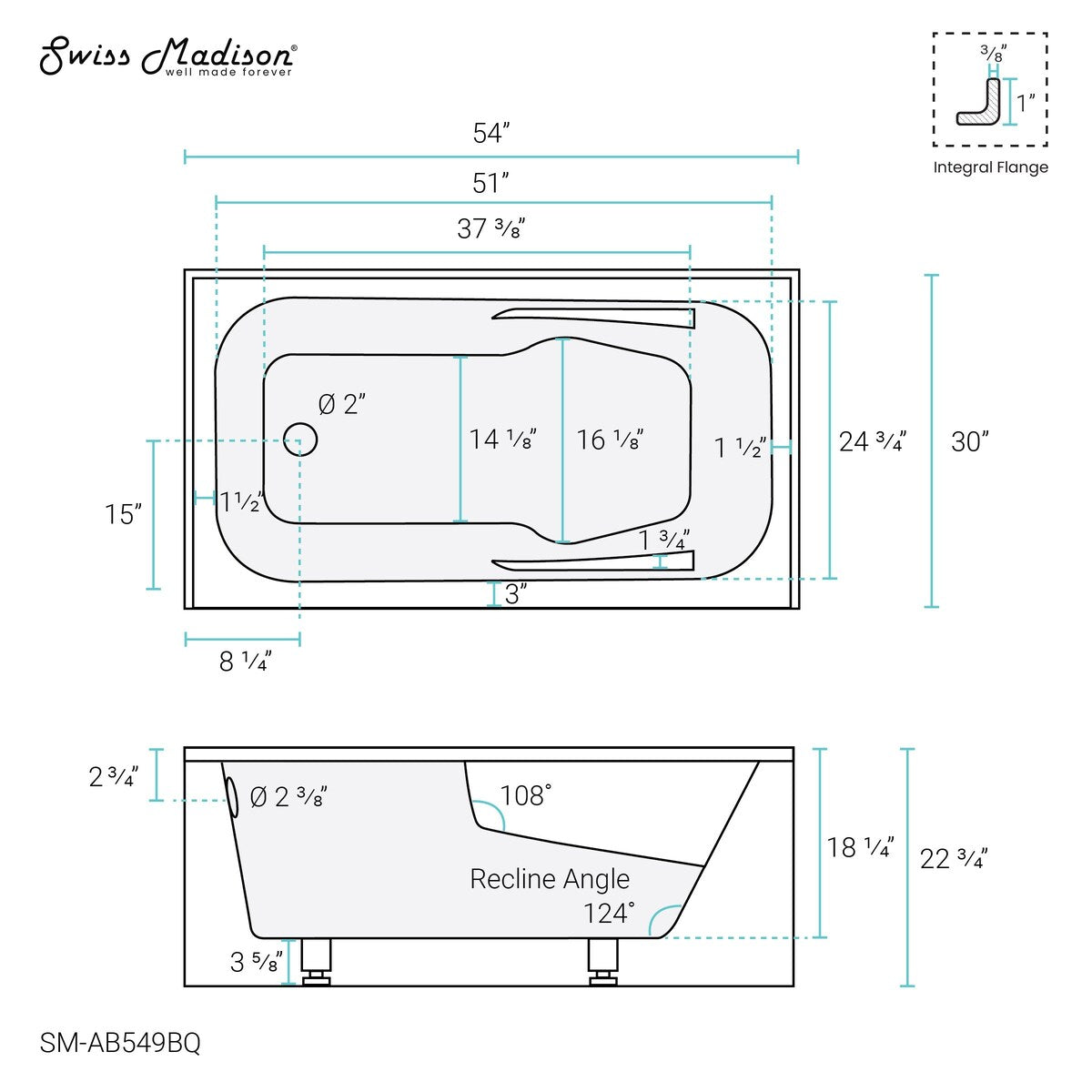 Swiss Madison Voltaire, Acrylic White, Alcove, Integral Armrest, Bathtub with Apron