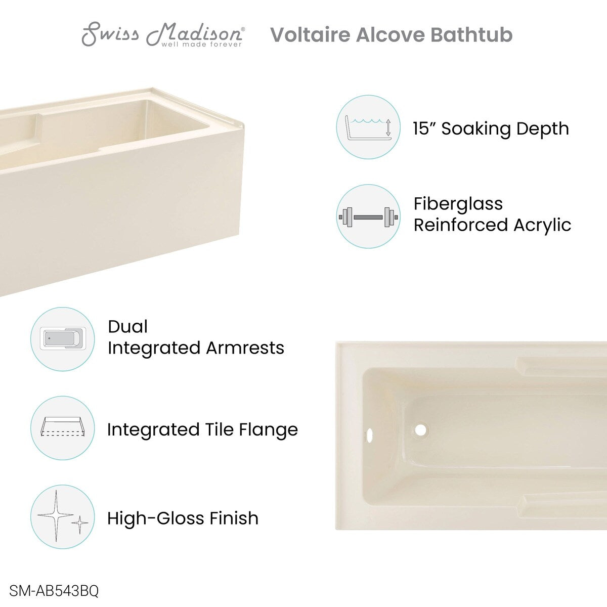 Swiss Madison Voltaire, Acrylic White, Alcove, Integral Armrest, Bathtub with Apron