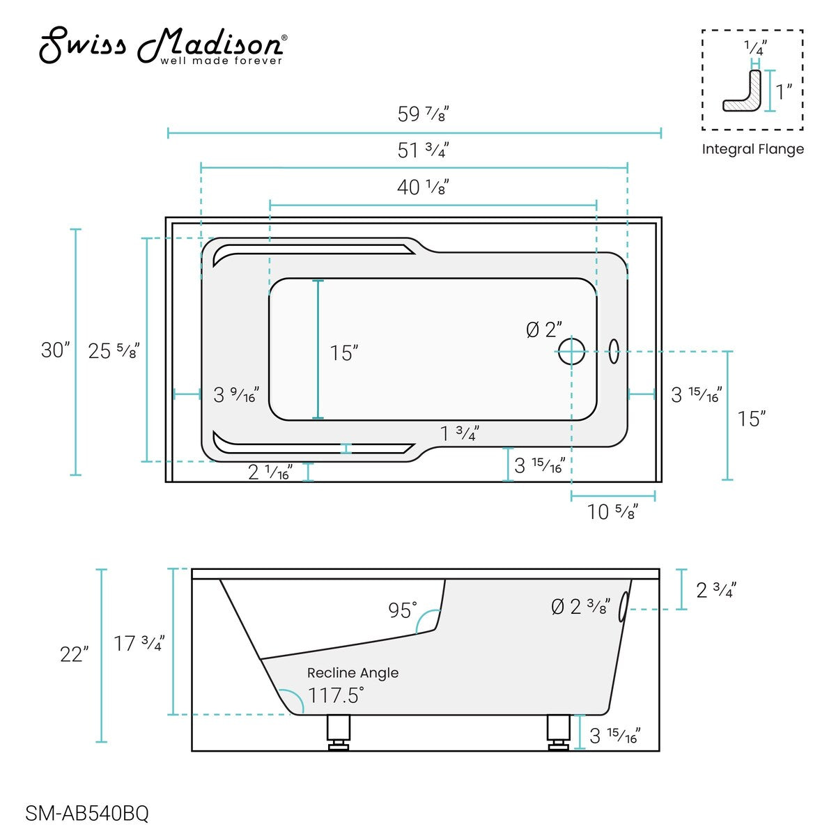 Swiss Madison Voltaire, Acrylic White, Alcove, Integral Armrest, Bathtub with Apron