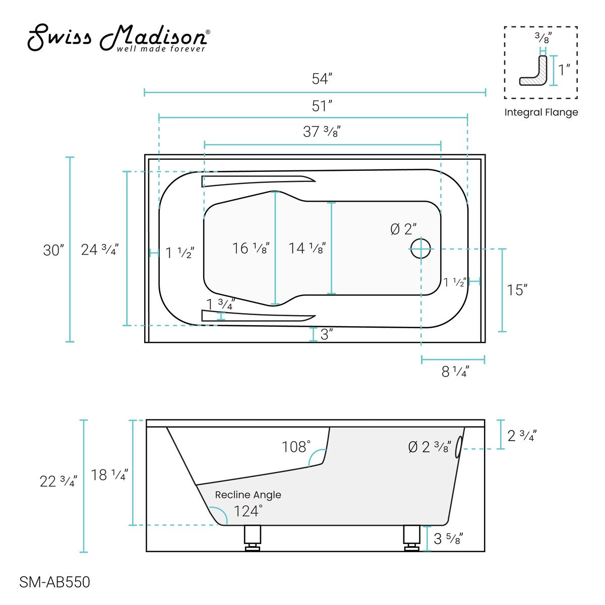Swiss Madison Voltaire, Acrylic White, Alcove, Integral Armrest, Bathtub with Apron