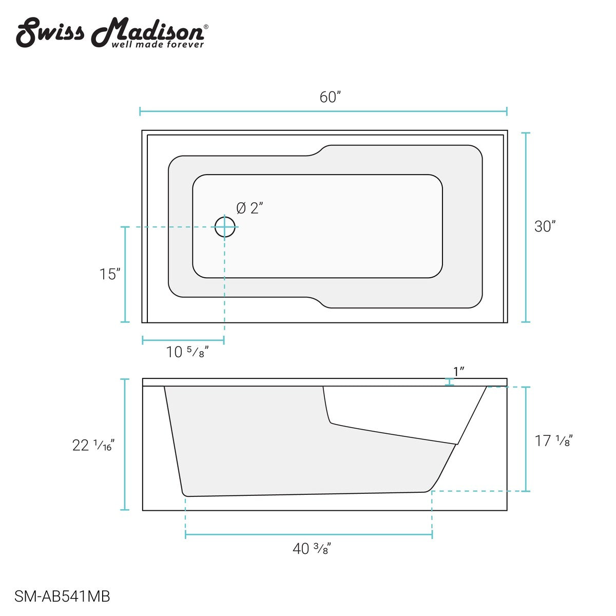 Swiss Madison Voltaire, Acrylic White, Alcove, Integral Armrest, Bathtub with Apron