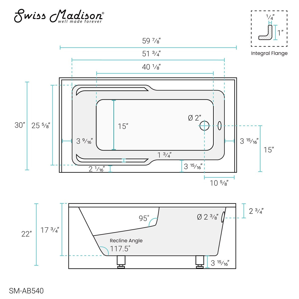 Swiss Madison Voltaire, Acrylic White, Alcove, Integral Armrest, Bathtub with Apron