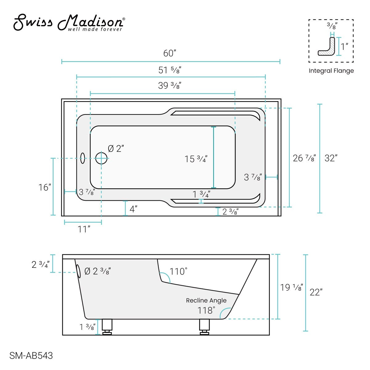 Swiss Madison Voltaire, Acrylic White, Alcove, Integral Armrest, Bathtub with Apron