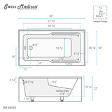 Swiss Madison Voltaire, Acrylic White, Alcove, Integral Armrest, Bathtub with Apron