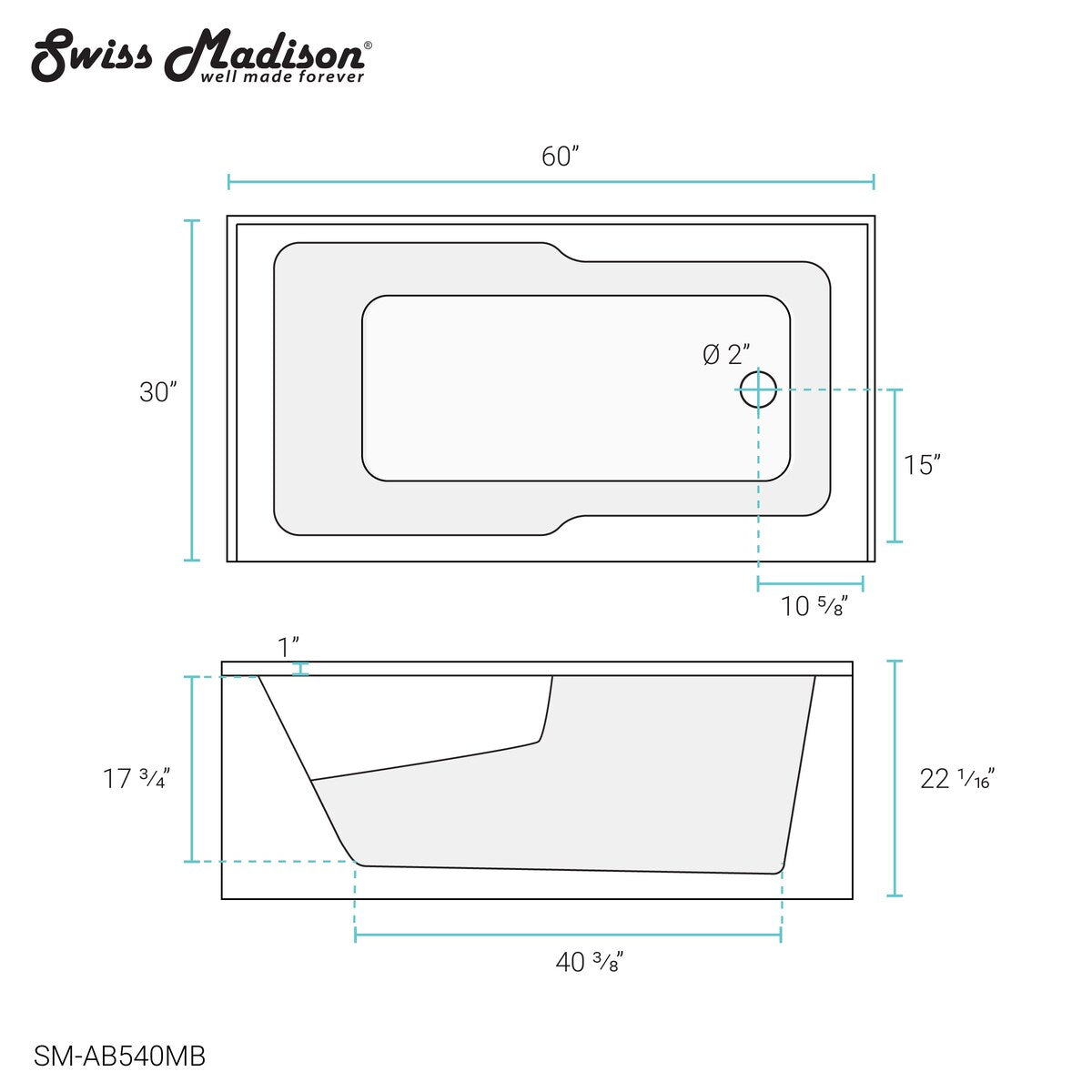 Swiss Madison Voltaire, Acrylic White, Alcove, Integral Armrest, Bathtub with Apron