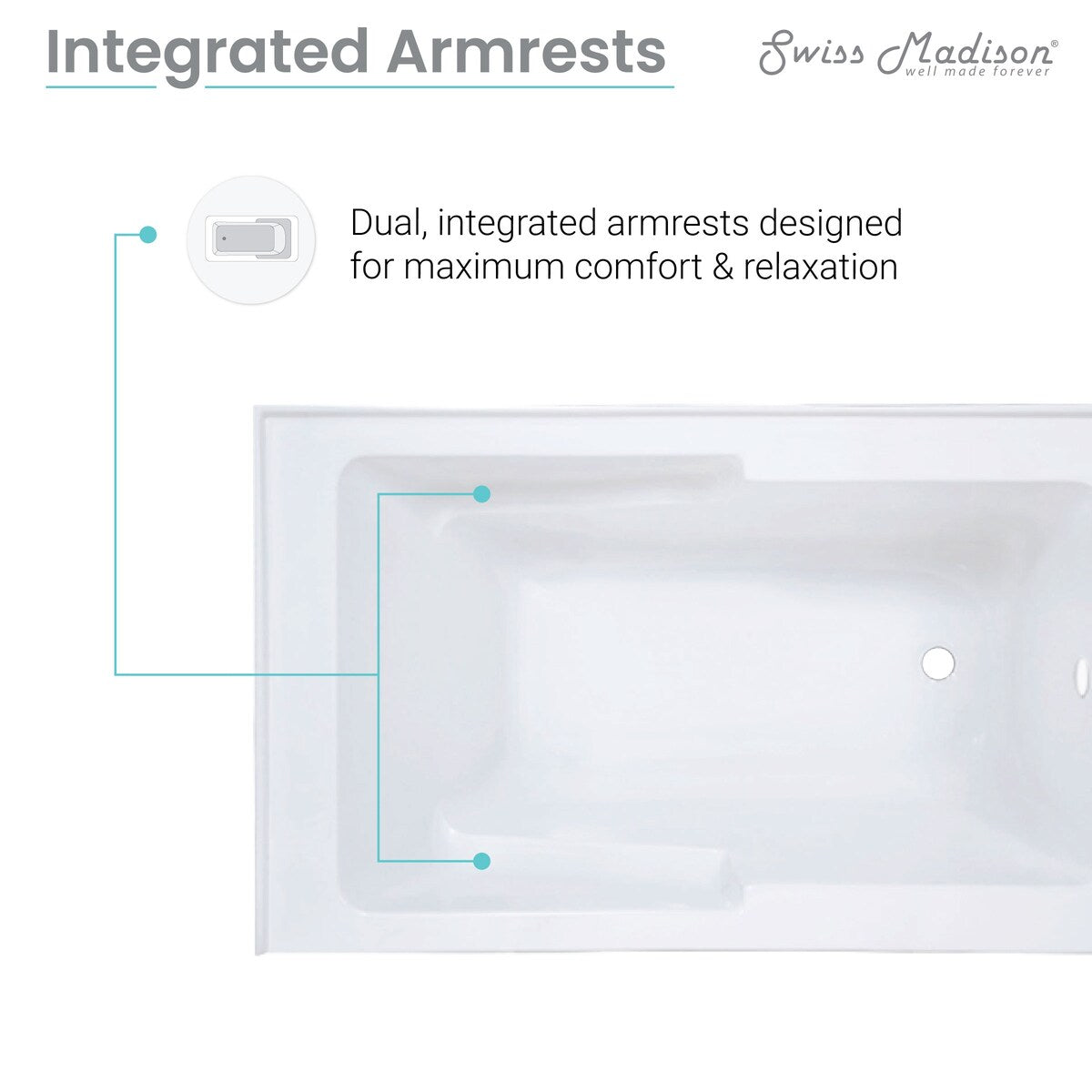Swiss Madison Voltaire, Acrylic White, Alcove, Integral Armrest, Bathtub with Apron