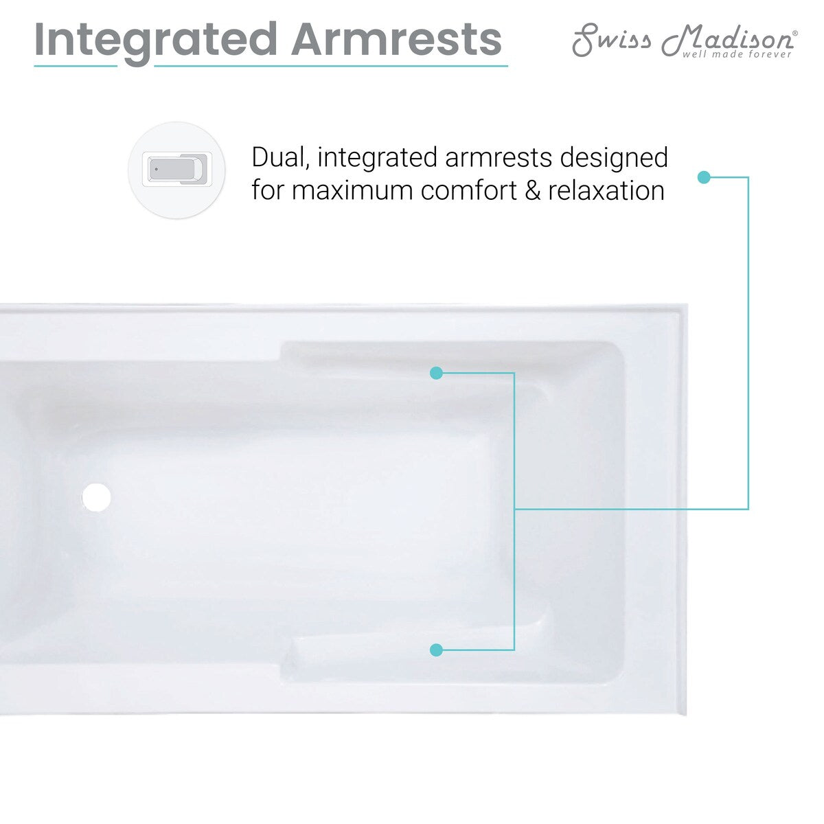 Swiss Madison Voltaire, Acrylic White, Alcove, Integral Armrest, Bathtub with Apron