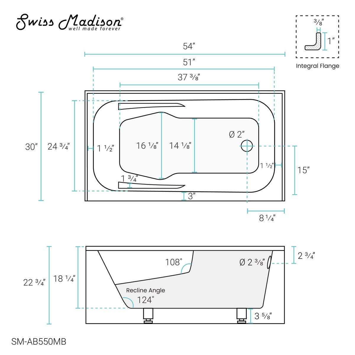 Swiss Madison Voltaire, Acrylic White, Alcove, Integral Armrest, Bathtub with Apron