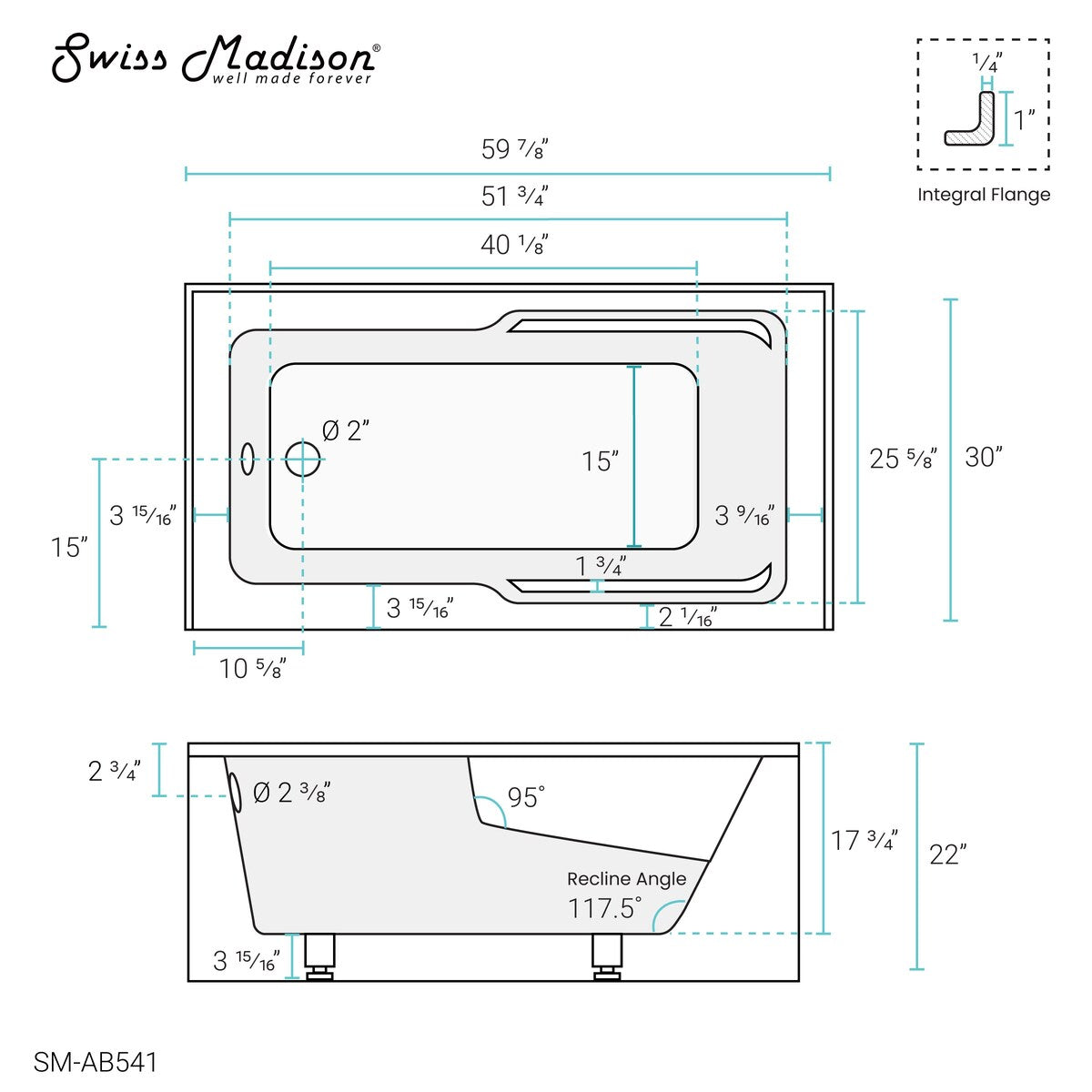 Swiss Madison Voltaire, Acrylic White, Alcove, Integral Armrest, Bathtub with Apron