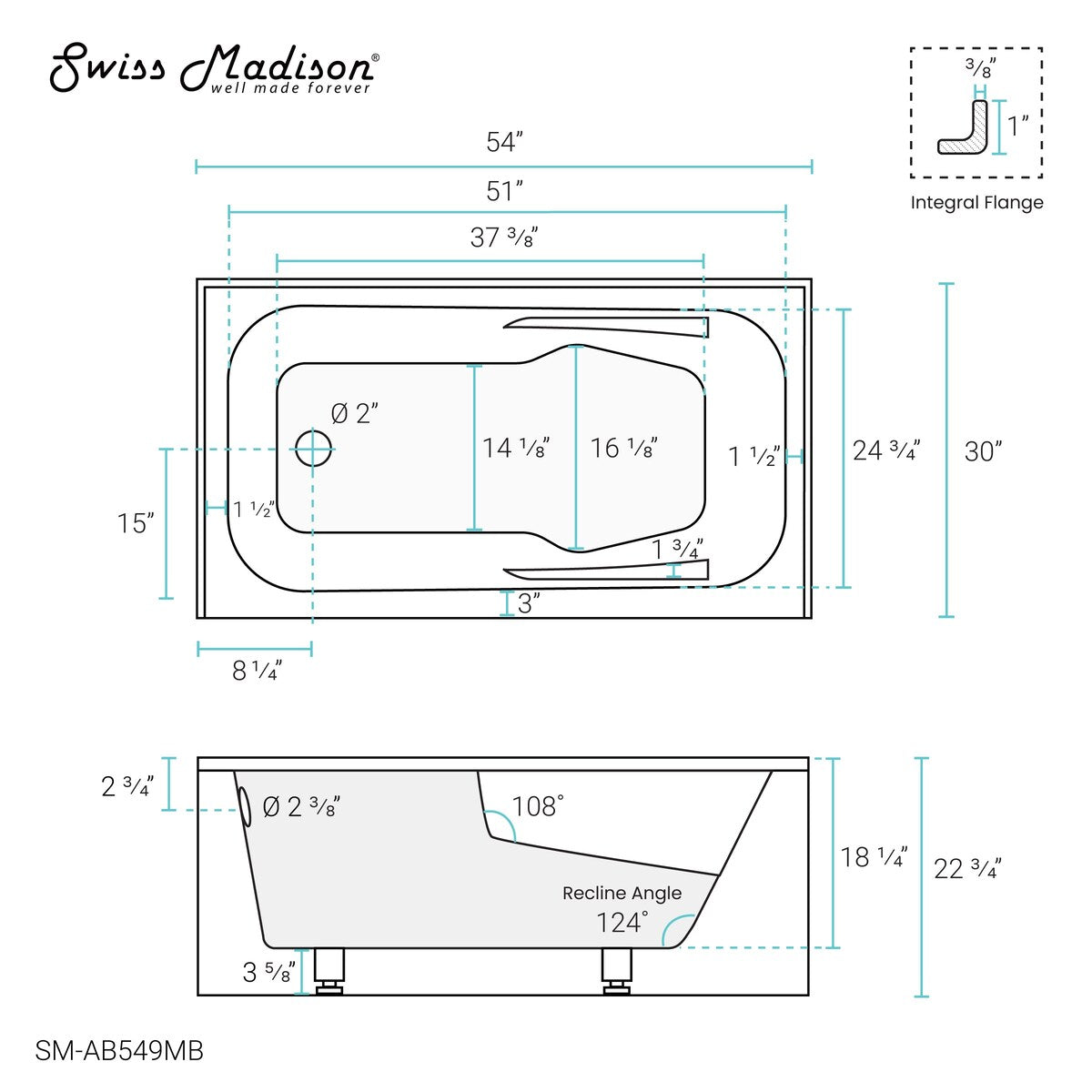 Swiss Madison Voltaire, Acrylic White, Alcove, Integral Armrest, Bathtub with Apron