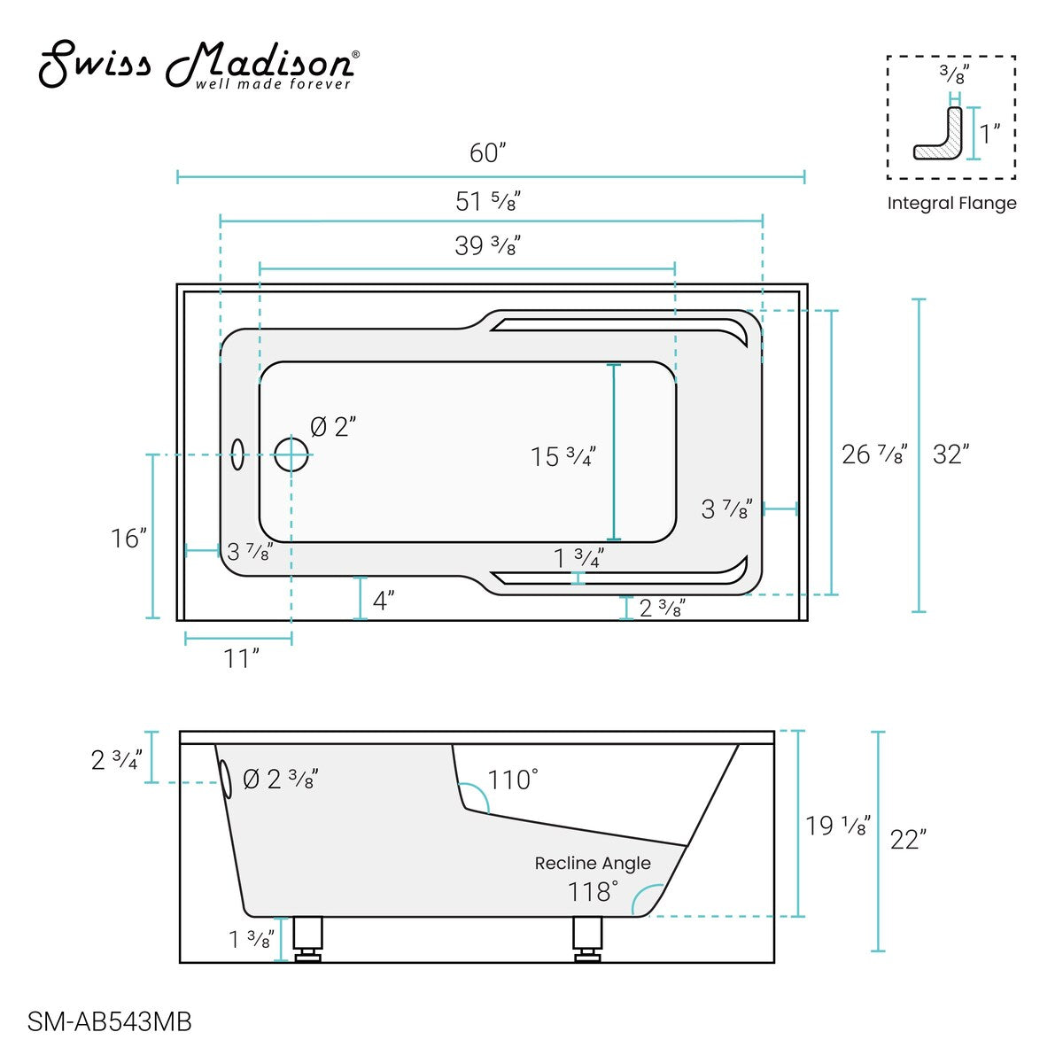 Swiss Madison Voltaire, Acrylic White, Alcove, Integral Armrest, Bathtub with Apron