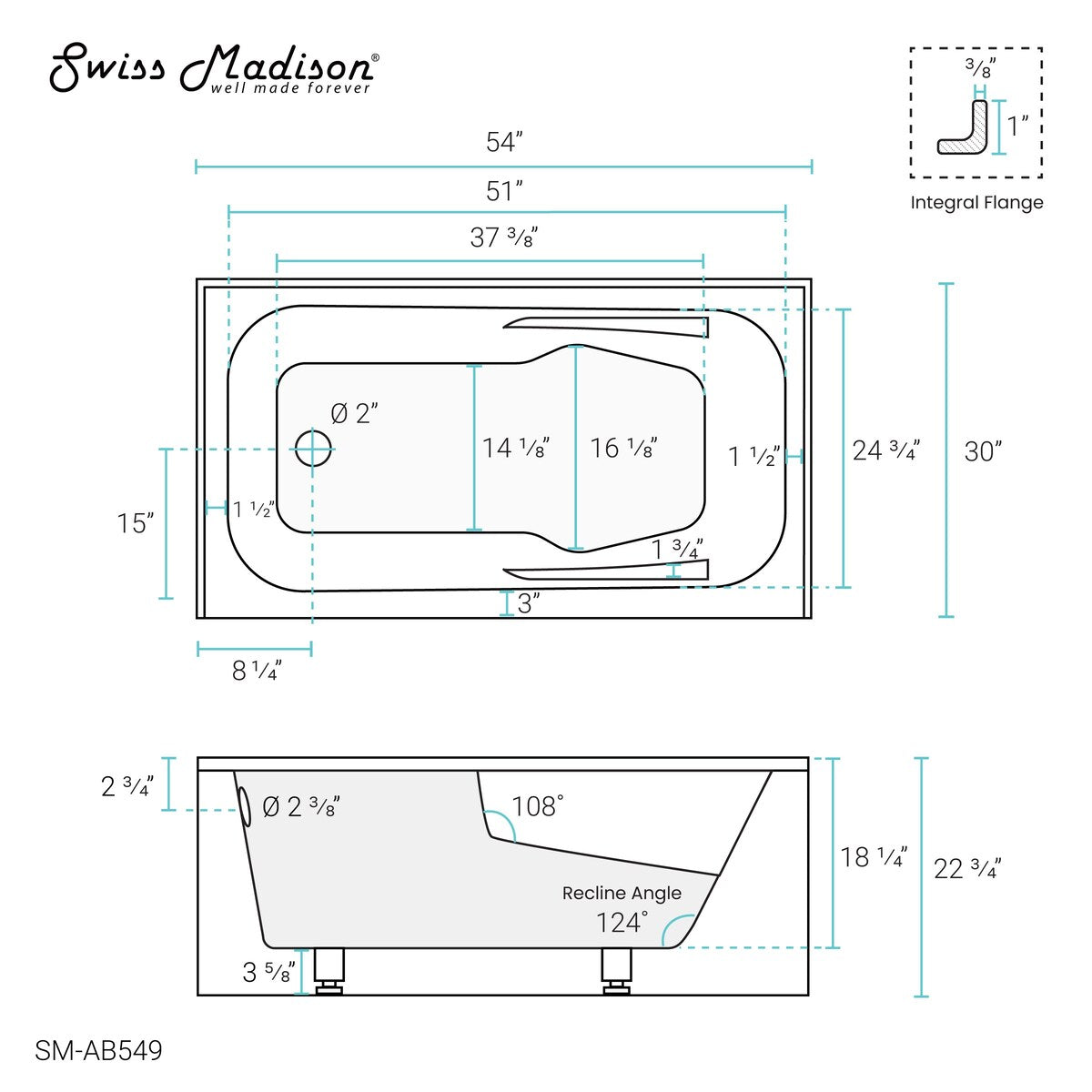 Swiss Madison Voltaire, Acrylic White, Alcove, Integral Armrest, Bathtub with Apron