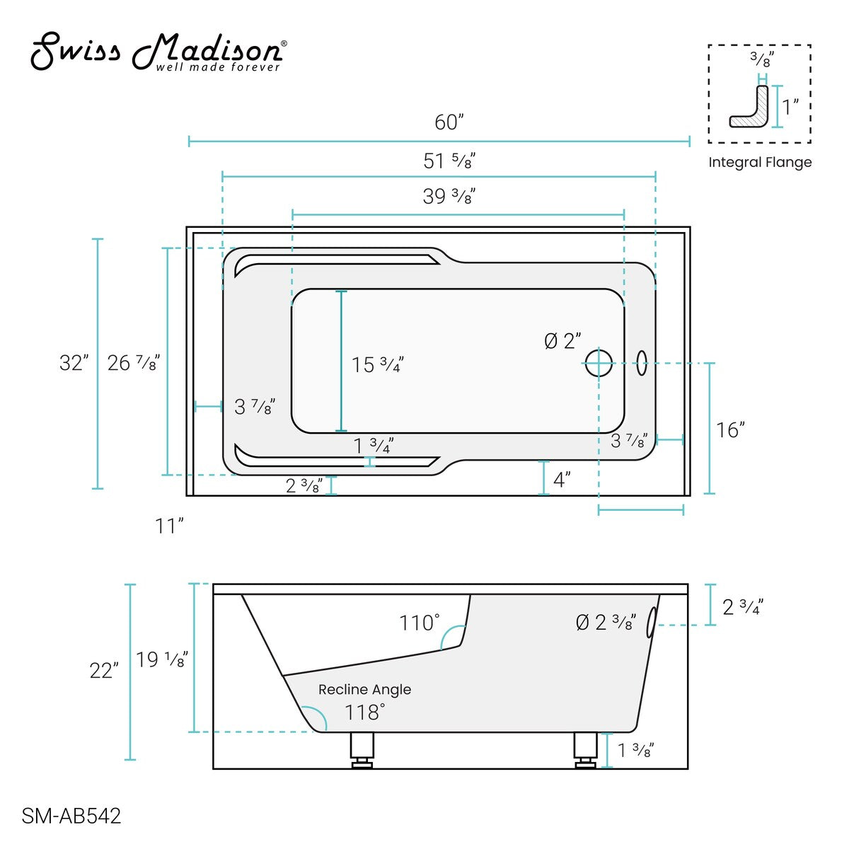 Swiss Madison Voltaire, Acrylic White, Alcove, Integral Armrest, Bathtub with Apron