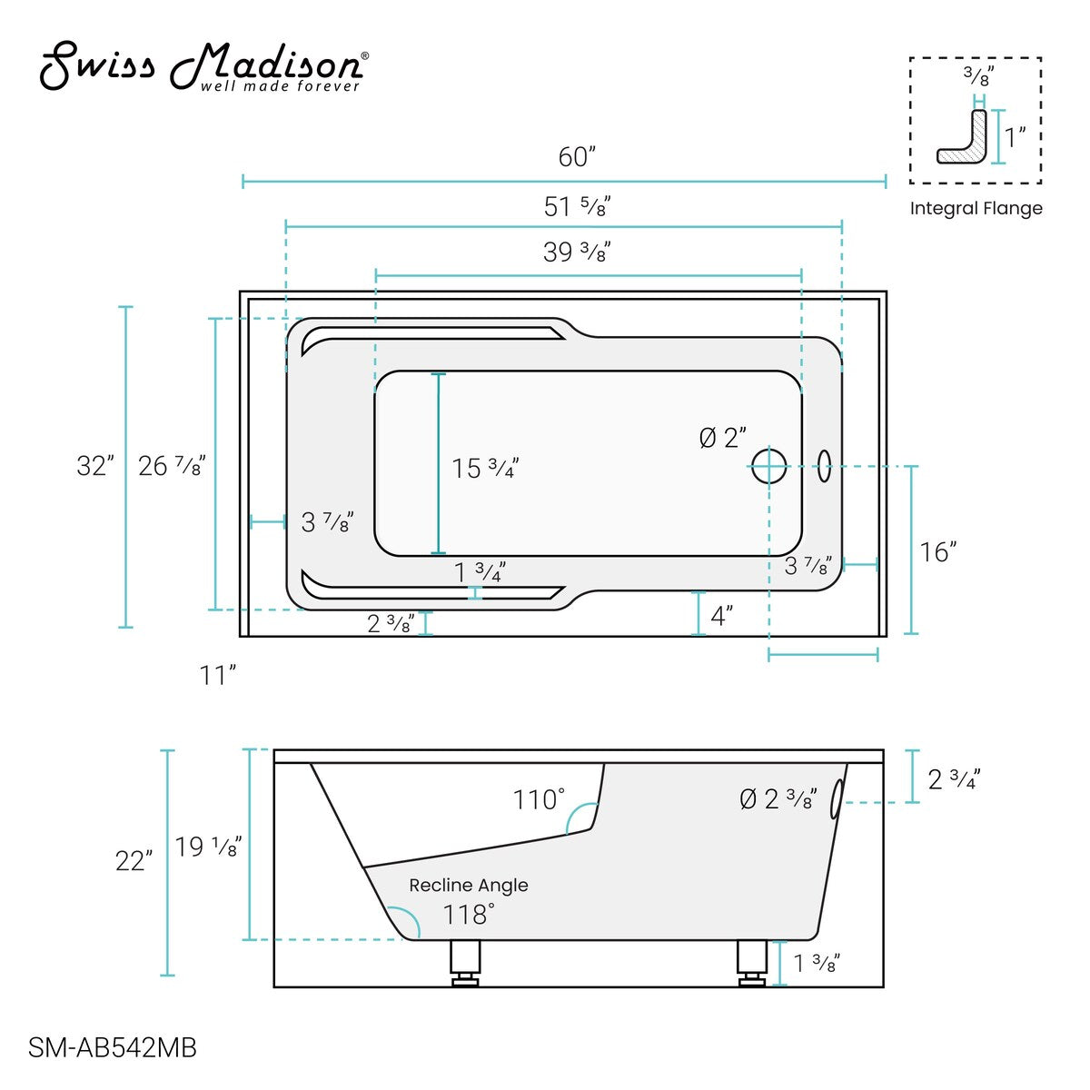 Swiss Madison Voltaire, Acrylic White, Alcove, Integral Armrest, Bathtub with Apron