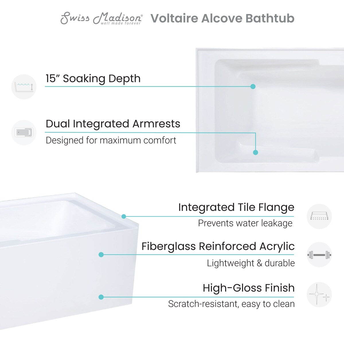 Swiss Madison Voltaire, Acrylic White, Alcove, Integral Armrest, Bathtub with Apron