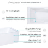 Swiss Madison Voltaire, Acrylic White, Alcove, Integral Armrest, Bathtub with Apron