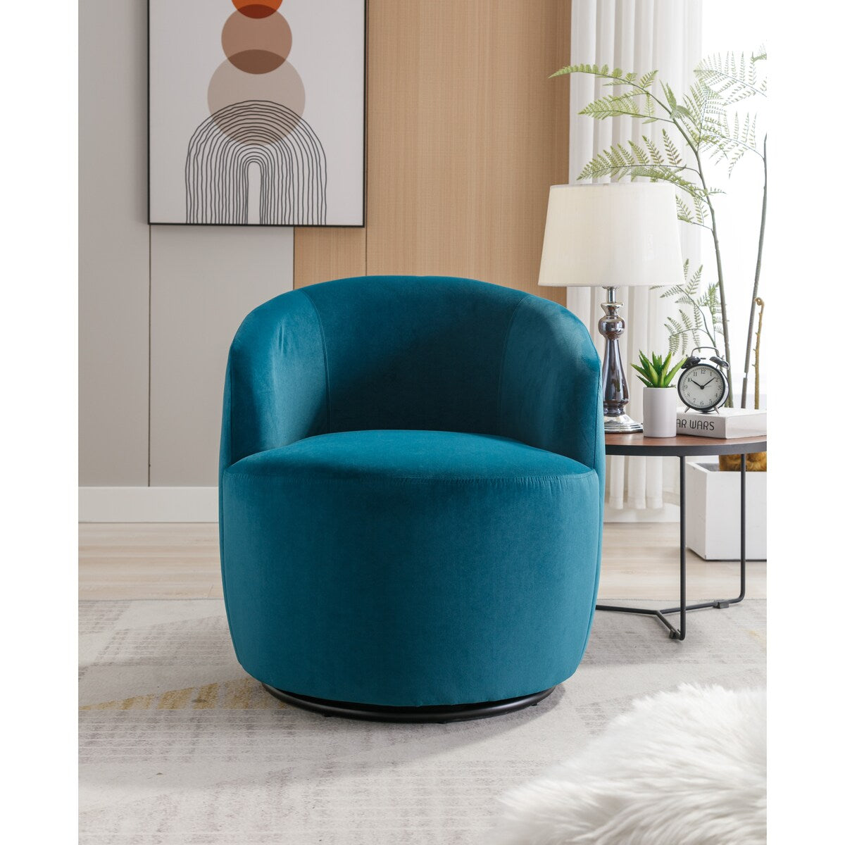 Swivel Accent Chair Modern Round Vanity Chair for Living Room Comfy Velvet Barrel Armchair Small Single Sofa Teal