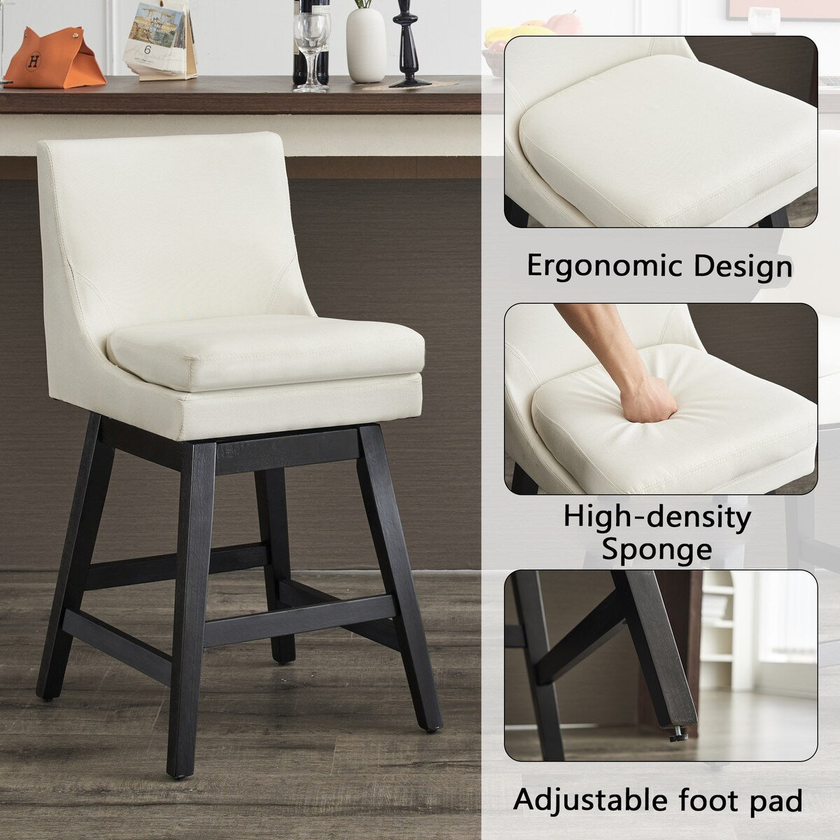 Swivel Bar Stools Linen Fabric Wood Frame (Set of 2)