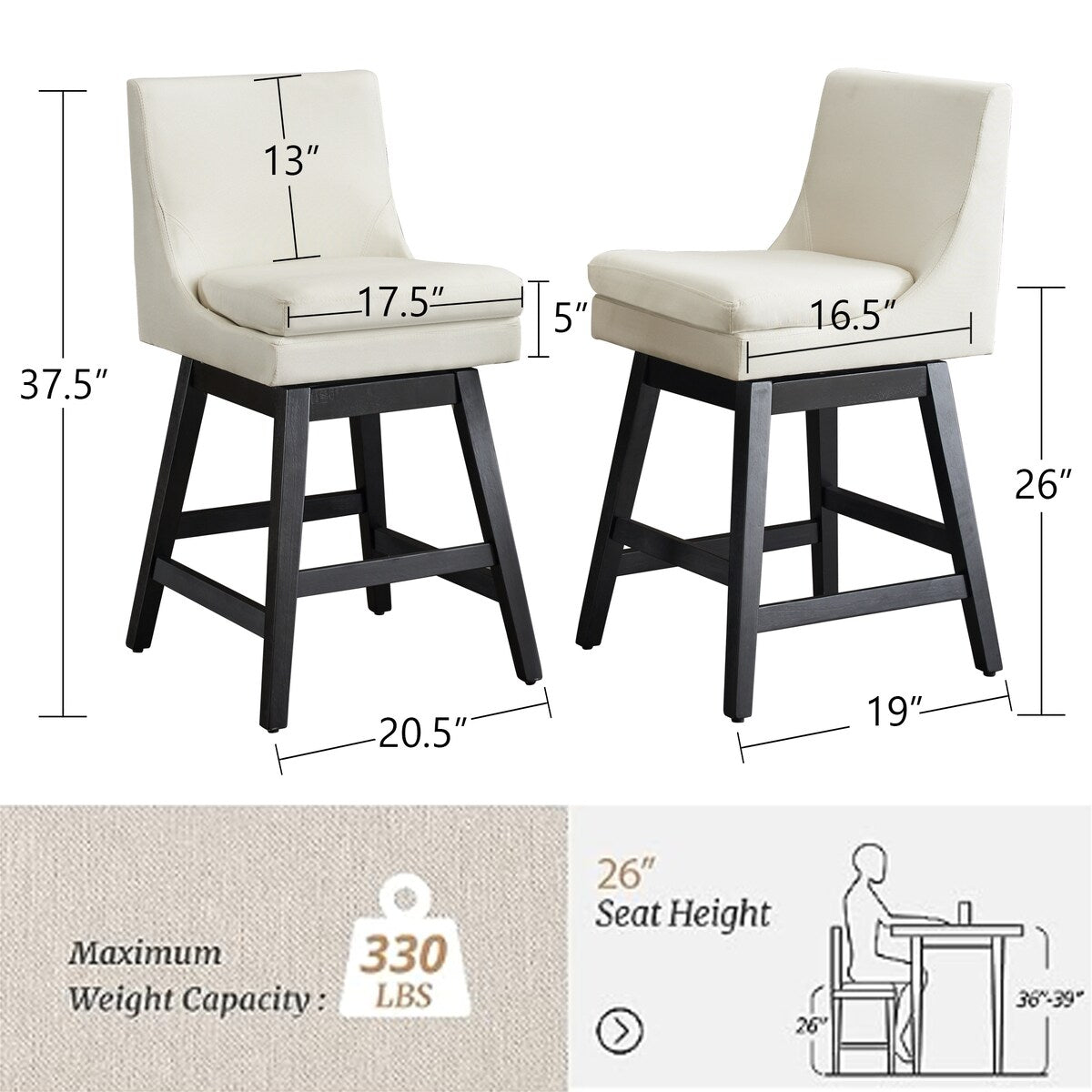 Swivel Bar Stools Linen Fabric Wood Frame (Set of 2)