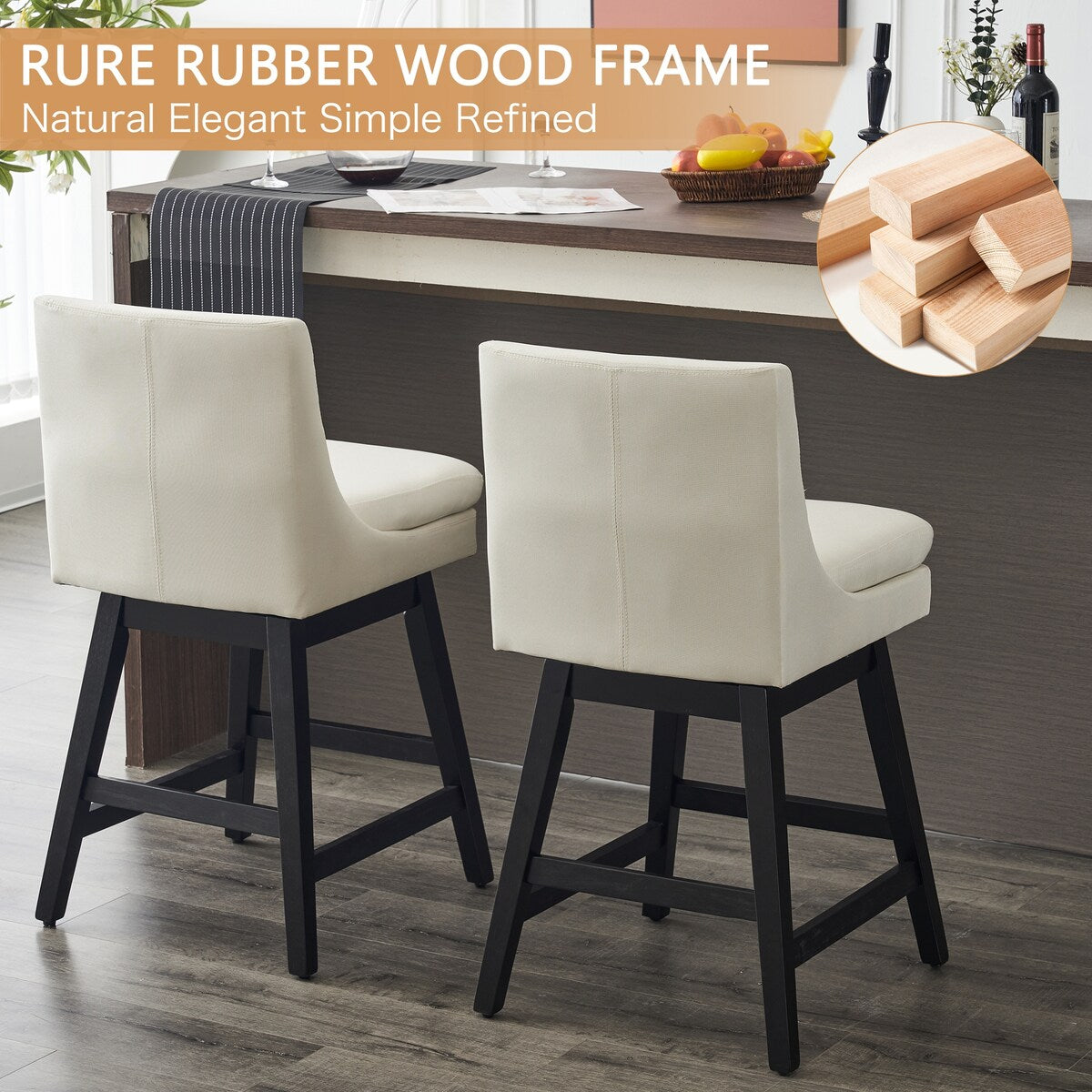 Swivel Bar Stools Linen Fabric Wood Frame (Set of 2)
