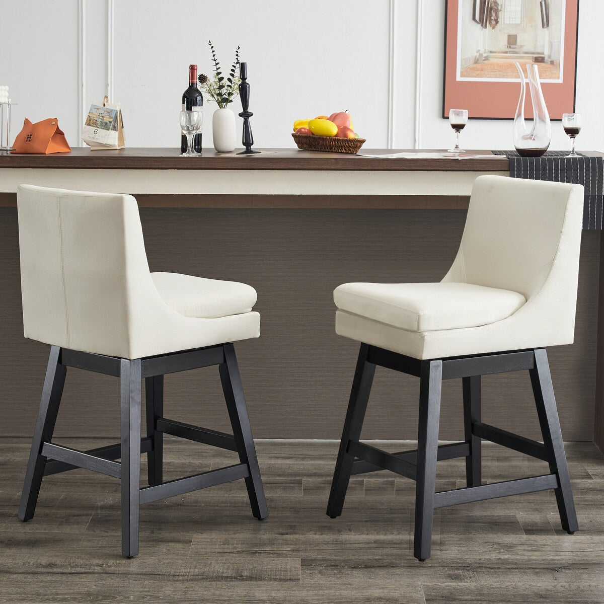 Swivel Bar Stools Linen Fabric Wood Frame (Set of 2)