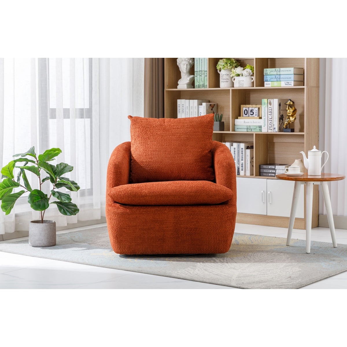 Swivel Barrel Chair, Comfy Boucle Round Accent Sofa Chair