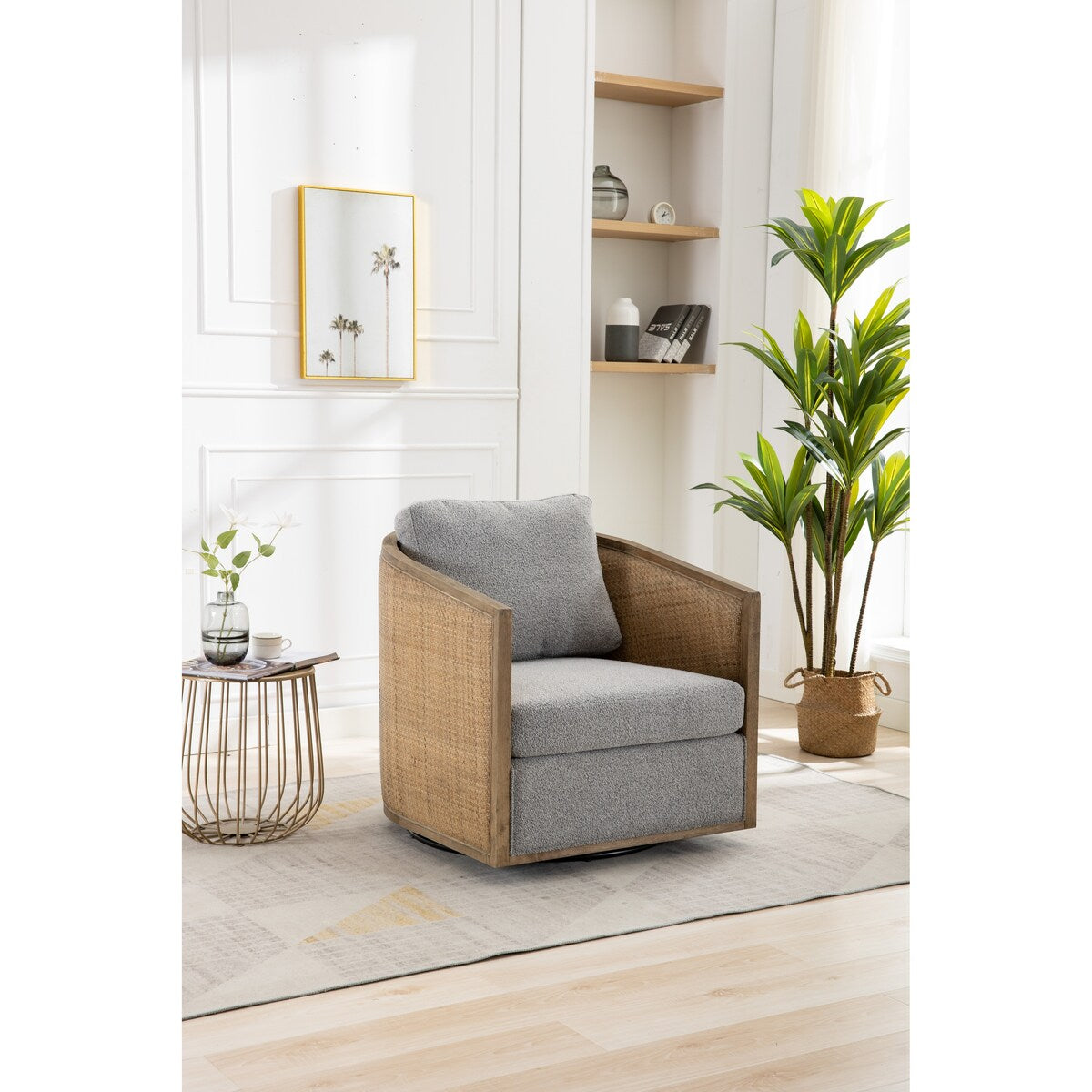 Swivel Barrel Chair, Comfy Round Accent Chair, 360 Degree Swivel Barrel Club Chair, Leisure Arm Chair with Rattan Woven Frame