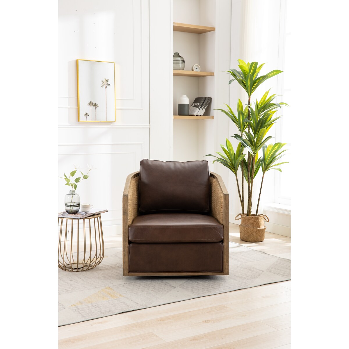 Swivel Barrel Chair, Comfy Round Accent Chair, 360 Degree Swivel Barrel Club Chair, Leisure Arm Chair with Rattan Woven Frame
