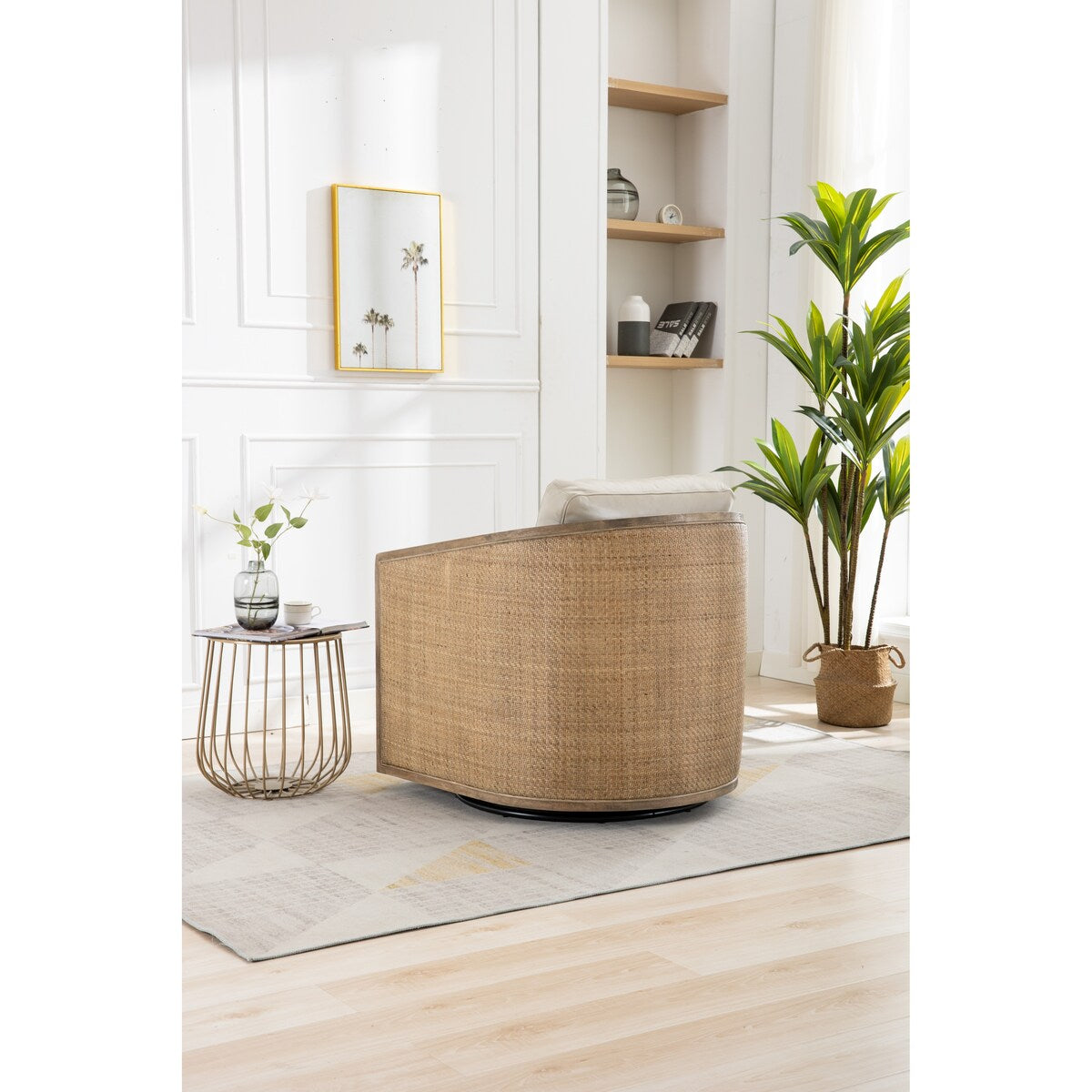 Swivel Barrel Chair, Comfy Round Accent Chair, 360 Degree Swivel Barrel Club Chair, Leisure Arm Chair with Rattan Woven Frame