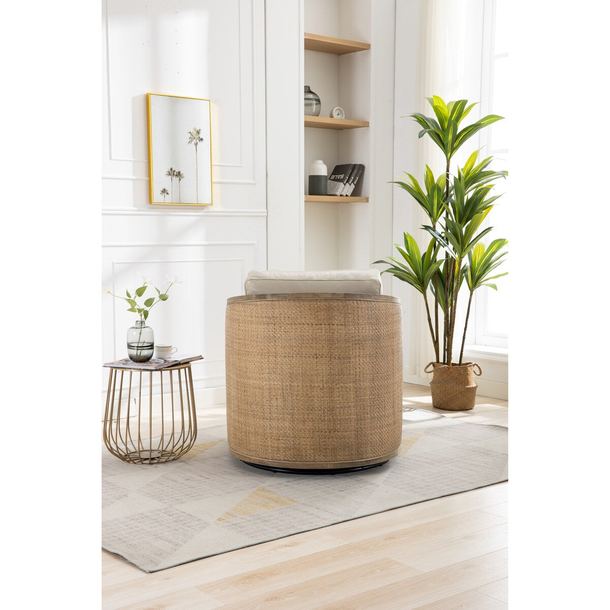 Swivel Barrel Chair, Comfy Round Accent Chair, 360 Degree Swivel Barrel Club Chair, Leisure Arm Chair with Rattan Woven Frame