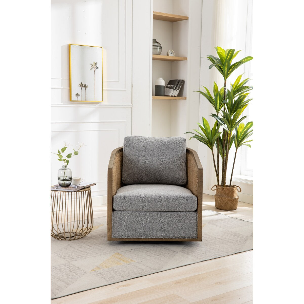 Swivel Barrel Chair, Comfy Round Accent Chair, 360 Degree Swivel Barrel Club Chair, Leisure Arm Chair with Rattan Woven Frame