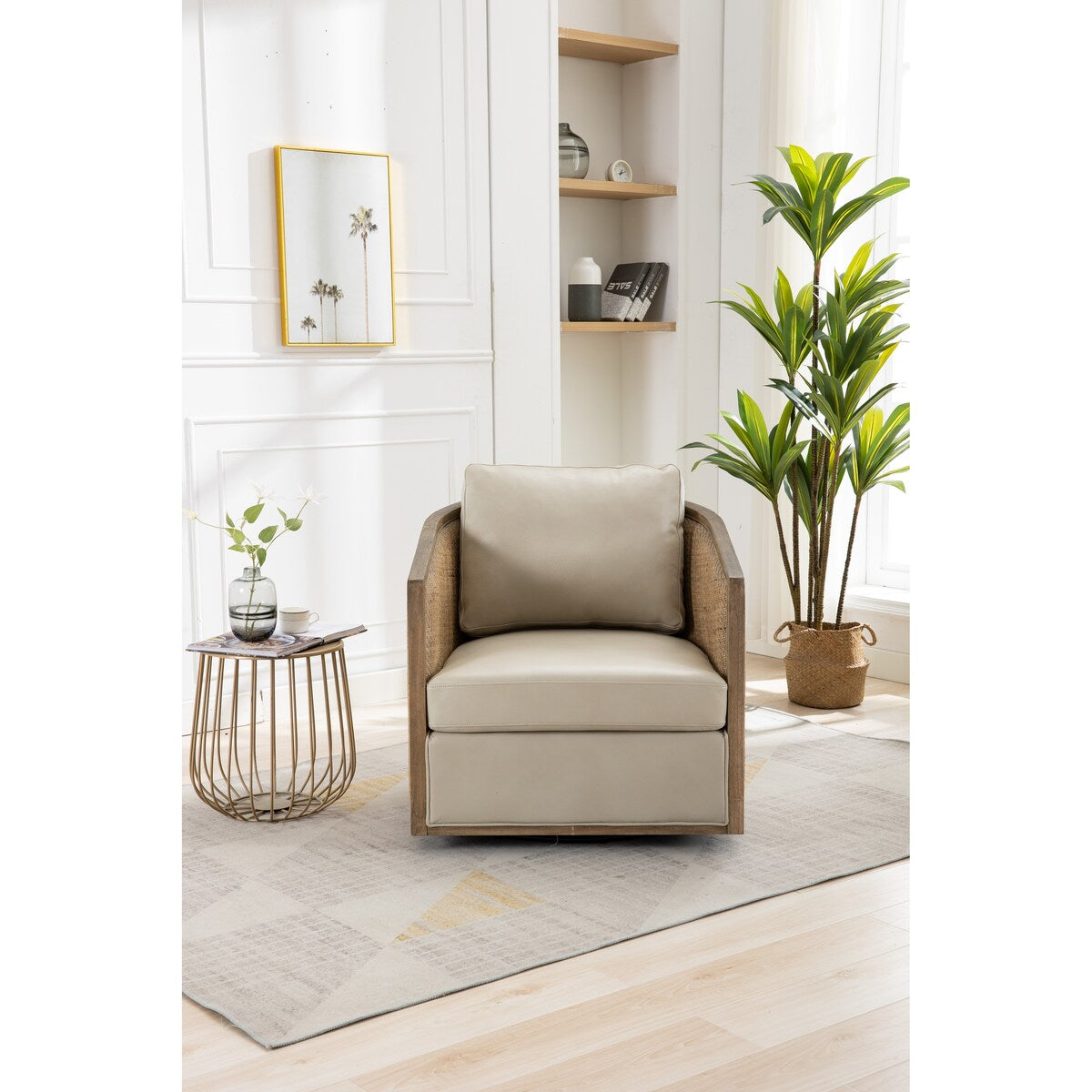 Swivel Barrel Chair, Comfy Round Accent Chair, 360 Degree Swivel Barrel Club Chair, Leisure Arm Chair with Rattan Woven Frame