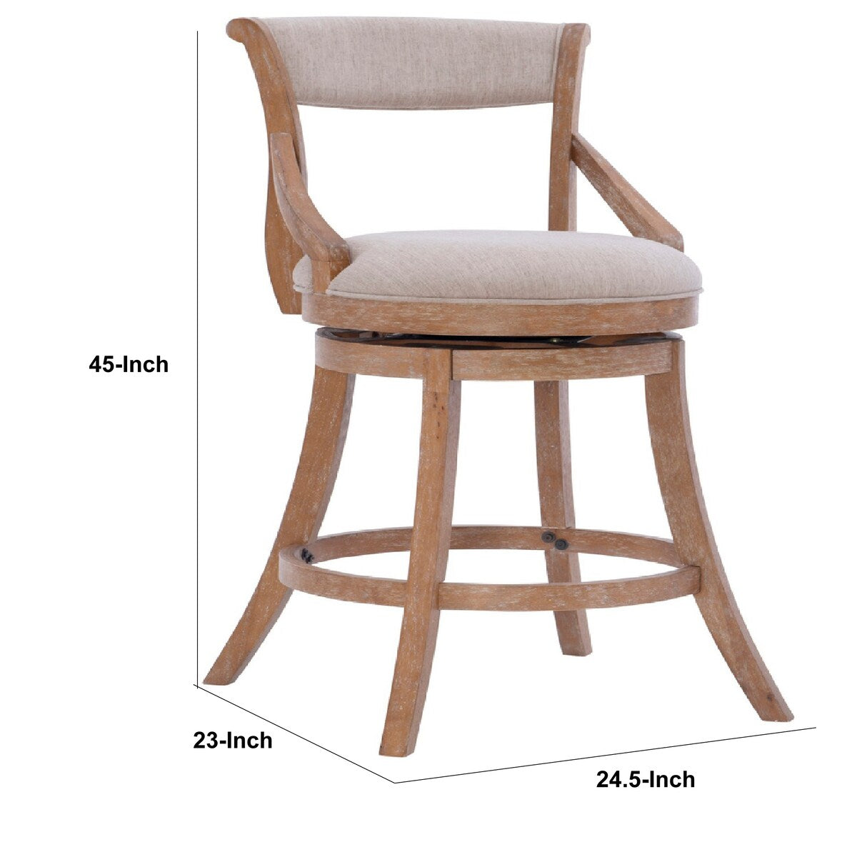 Swivel Barstool with Fabric Upholstery and Wooden Arms, Beige and Brown