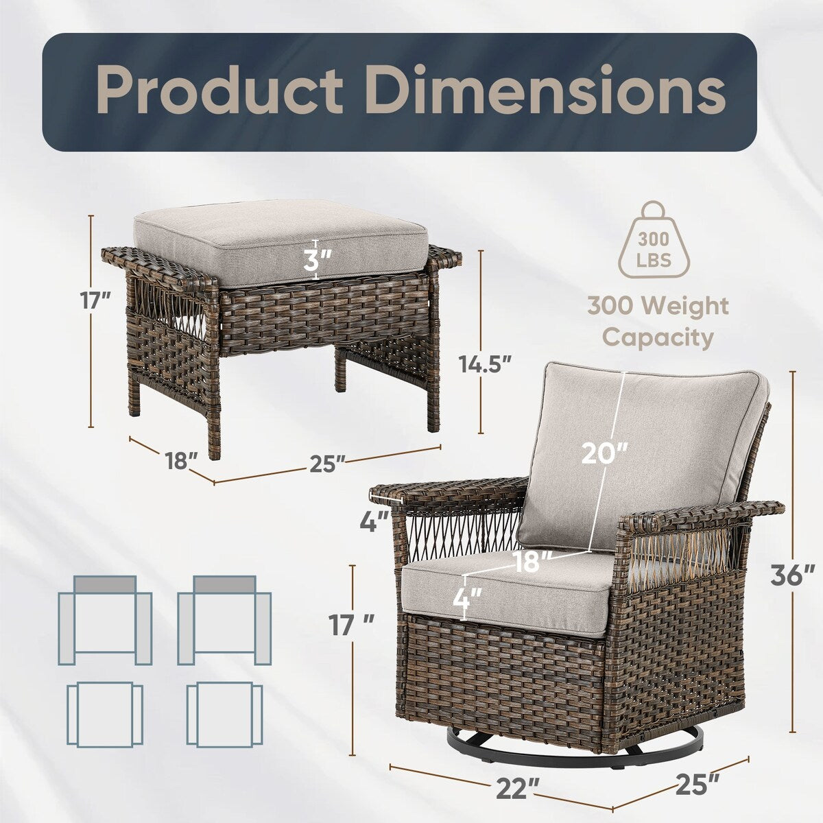 Swivel Glider Chairs Outdoor Patio Furniture Set - Brown