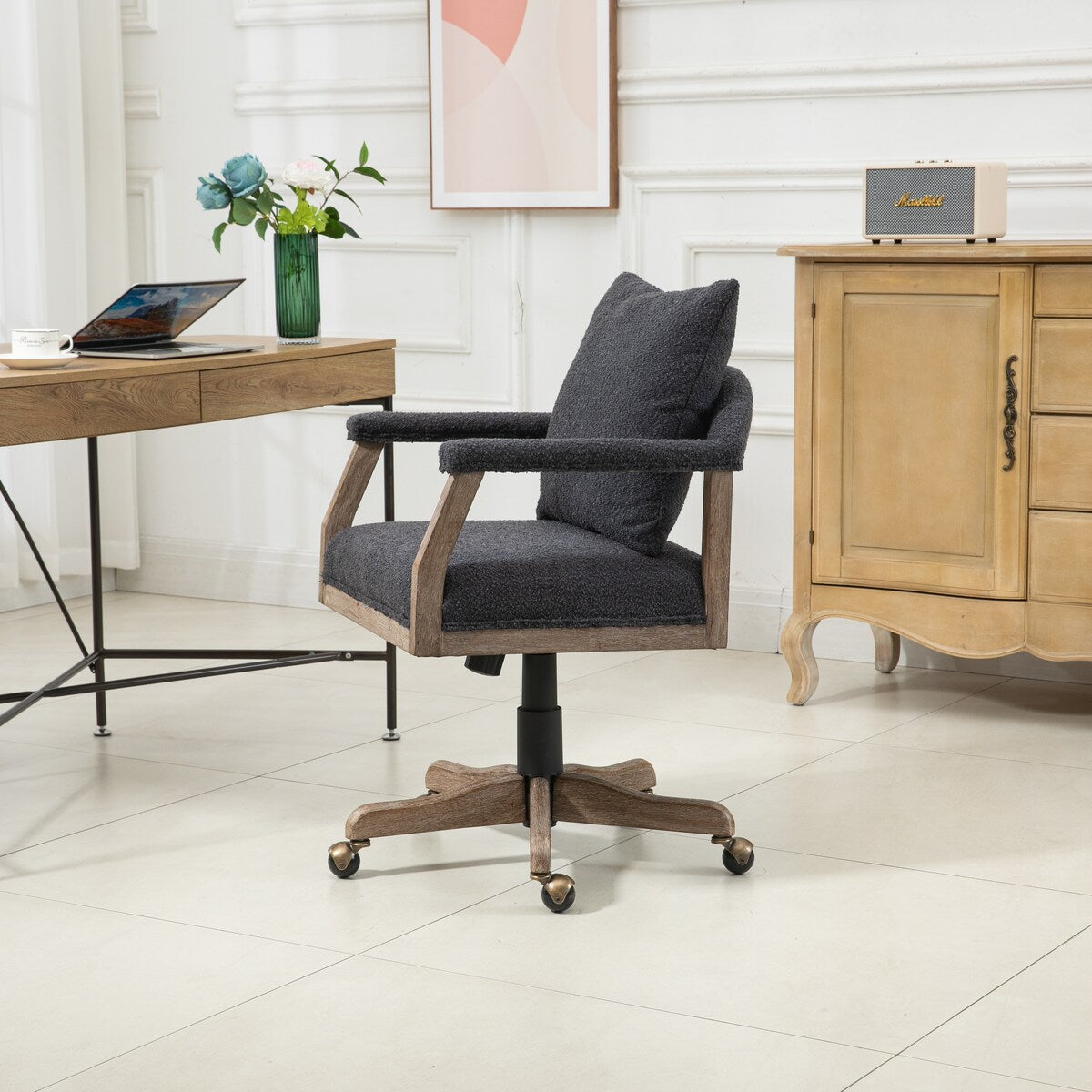 Swivel Upholstered Office Chair with Padded Seat and Pillow, Height Adjustable Upholstered Chair with Wood Base