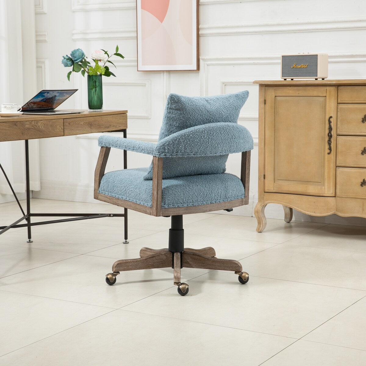 Swivel Upholstered Office Chair with Padded Seat and Pillow, Height Adjustable Upholstered Chair with Wood Base