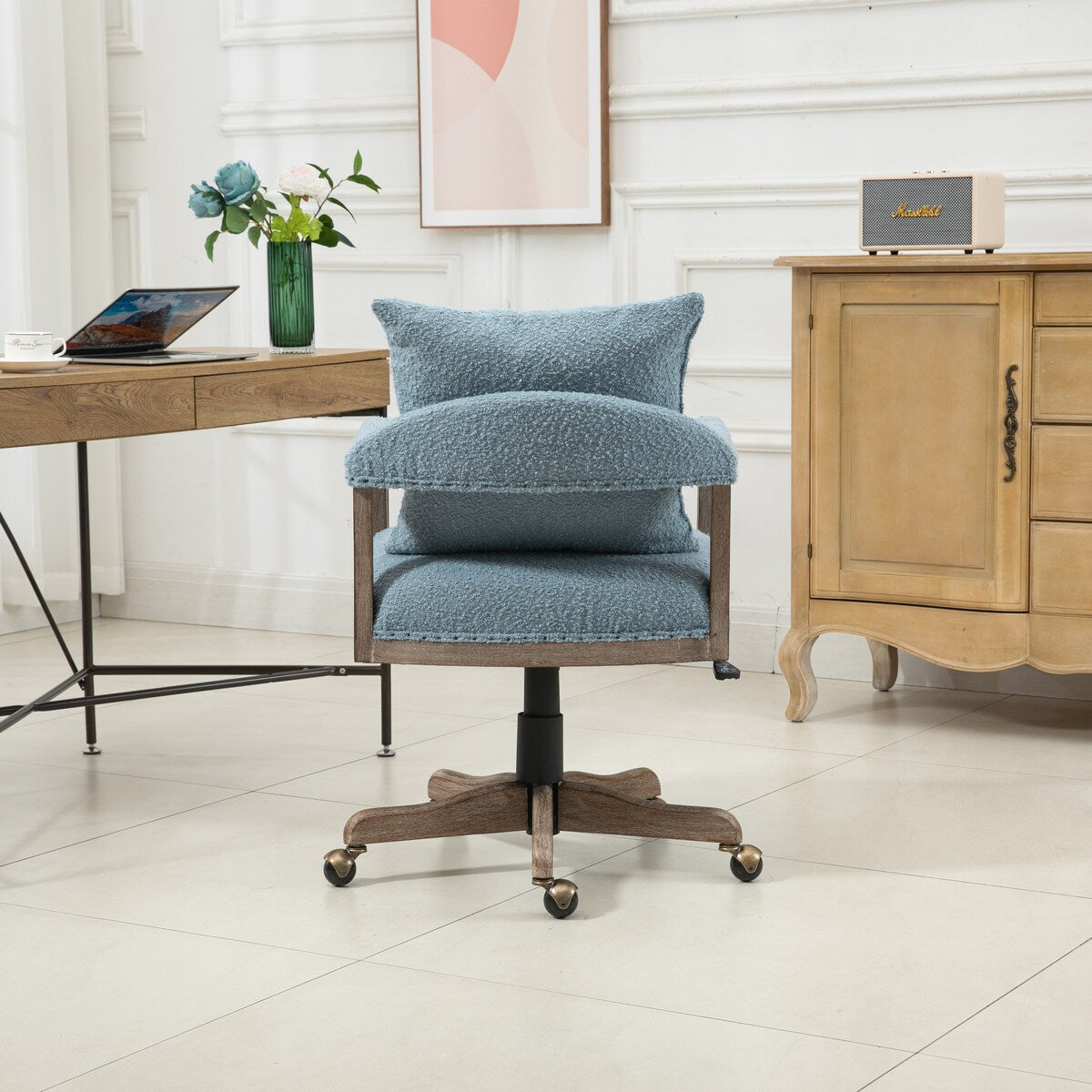 Swivel Upholstered Office Chair with Padded Seat and Pillow, Height Adjustable Upholstered Chair with Wood Base