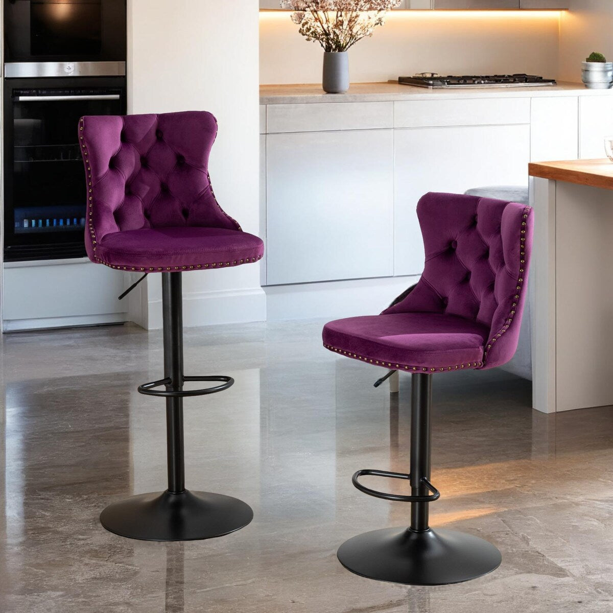 Swivel Velvet Barstools Adjusatble Seat Height from 25-33 Inch,17.7inch base, for Home Pub and Kitchen Island,Purple,Set of 2
