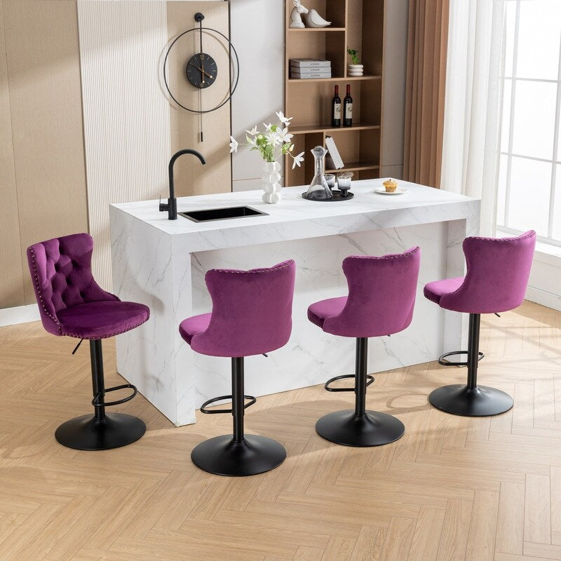 Swivel Velvet Barstools Adjusatble Seat Height from 25-33 Inch,17.7inch base, for Home Pub and Kitchen Island,Purple,Set of 2