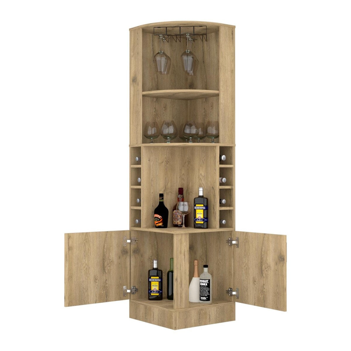 Syrah Corner Bar Cabinet, Double Door, Two Open Shelves