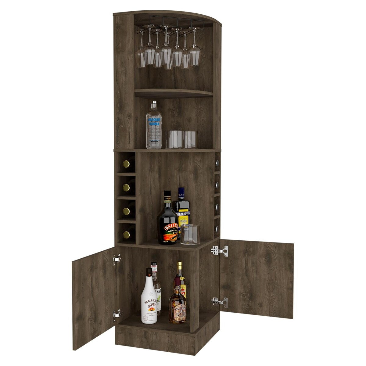Syrah Corner Bar Cabinet, Double Door, Two Open Shelves