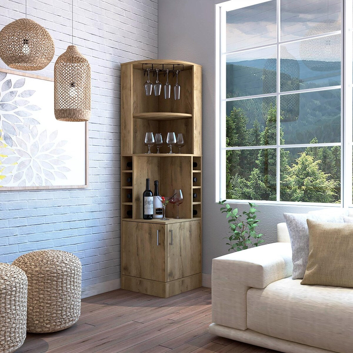 Syrah Corner Bar Cabinet, Double Door, Two Open Shelves